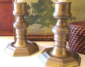 Vintage Hollywood Regency Brass Candlesticks, Octagonal Design, Andrea by Sadek, Mantel Decor, Traditional Decor