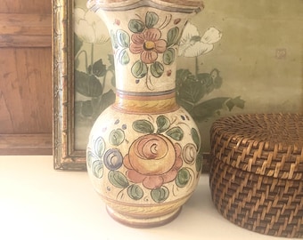 Vintage Deruta Italian Pottery Vase, Hand Painted Boho Vase, Tuscany Decor, Majolica Pottery Hand Painted Floral Vase From Italy