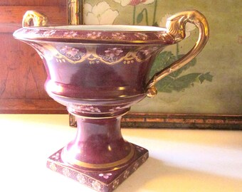 Vintage Trophy Style Pedestal Vase, Maroon Hand Painted Urn, Cache Pot, Victorian Christmas Decor
