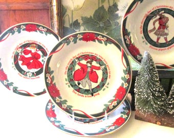 Christmas New Old Stock Vintage Tiehshan Deck The Halls, 12 Days of Christmas Appetizer Plates, Xmas Dessert Plates,