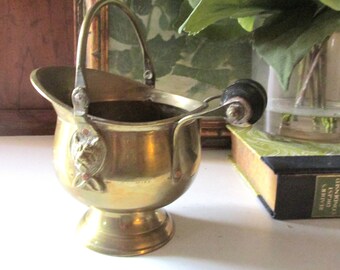 Vintage Small Brass Coal Scuttle With Black Wood Handle, Match Holder, Grandmillennial, Lion Head Detail, Vintage Traditional Home Gift