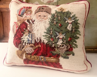 Vintage Holiday Father Christmas Needlepoint Pillow, Old St. Nick, Santa With Tree, Colonial Santa Throw Pillow