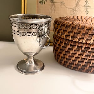 May include: A silver-colored goblet with a decorative lion's head and ring handle. The goblet has a detailed, patterned band around the middle and a pedestal base. A woven basket is partially visible in the background.
