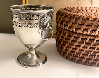 Vintage Ellis-Barker Pedestal Cup with Lion Head Handles, Menorah Hallmark, Silver Plated Vase
