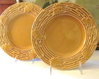 Two Vintage Bordallo Pinheiro Embossed Acorns and Oak Leaves Salad Plates, "Oak Leaf Gold" Fall Ironstone Plates