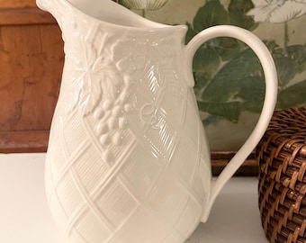 Vintage Mikasa English  Countryside Cream Ware Jug, Pitcher or Vase, Basketweave Embossed Grapes Vessel, Grandmillennial Decor