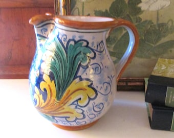 Vintage Italian Pottery Pitcher, Hand Painted Grapes and Leaves, Alfresco Dining