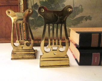 Vintage Pair Brass Musical Lyre Harp Bookends, Library Decor