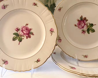 Vintage Syracuse Victoria Dinner Plates Set of 4, Federal Shape Pink Rose Center and Rim Gold Trim Cottagecore, Grandmillennial Dining