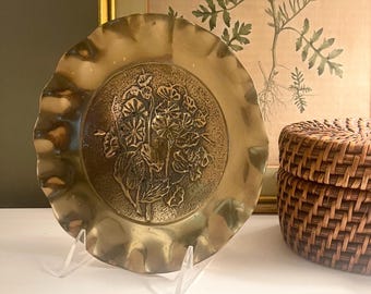Vintage Brass Trinket Dish, Morning Glory Floral Design Shallow Bowl, Decorative Brass Decor, Brass Catchall, Vintage Gift