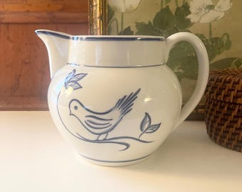Vintage Schmid Design Folio Blue Bird Pitcher, Made in Viana Do Castelo Portugal, Hand Decorated, Farmhouse Chic, Grandmillennial Decor