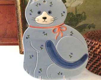 Vintage Otagiri Japan Cat Trivet, Blue Ceramic Wall Decor, Grandmillennial, Gift For Cat Lover