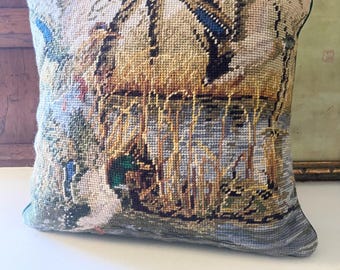 Vintage Ducks in Flight Old Stock Needlepoint Throw Pillow, Lake Cabin Decor, Wool and Cotton, Zipper Closure