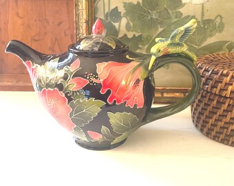 Hibiscus Red and Black Teapot, Blue Sky Ceramics, Floral Ceramic Teapot, Gift For Tea Lover