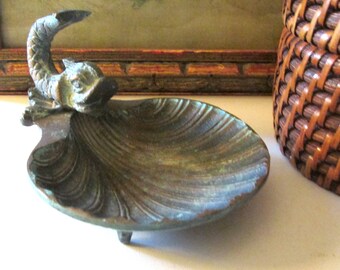 Vintage Verdigris Dolphin and Shell Cast Metal Tray, Trinket Dish, Change Holder, Business Card Holder,