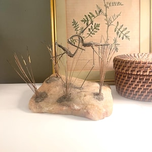Vintage Bronze Crane Cattails Sculpture, Brutalist Metal Art, Marble Base