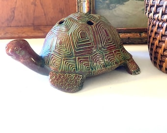 Vintage Turtle Figurine, Turtle Floral Frog Vase, 1970s Flower Planter, Hobbyist Avocado Green Brown Decor