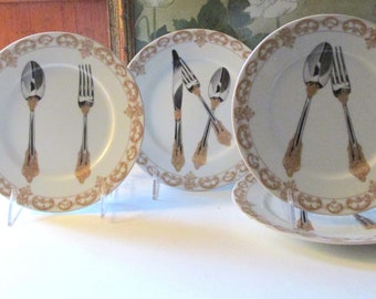 French Limoges Dessert Plates, Set of Four Forks & Spoons Plates, St. Martin, Hollywood Regency
