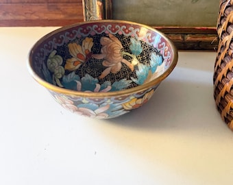 Vintage Oriental Cloisonne Pin Dish, Round Trinket Bowl, Chinoiserie Gift, Coffee Table Decor, Pink Peony, Butterfly, Chinese Footed Dish