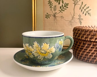 Vintage April Cornell Breakfast Teacup, Oversized Teacup and Saucer, Gift For Tea Lover, Green and Yellow Floral Mug