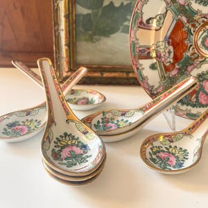 Eight Vintage Rose Medallion Spoons, Chinoiserie Set, Hand Painted Porcelain Chinese Soup Spoons