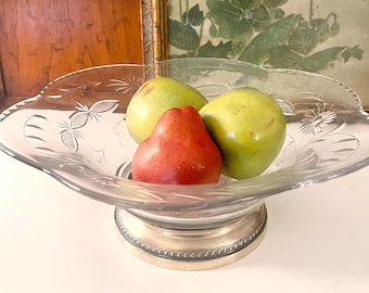 Vintage Sterling Base Crystal Bowl, Wedding Decor, Etched Centerpiece