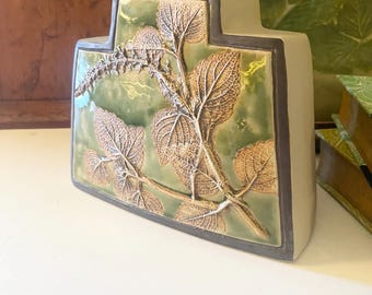 Vintage Malaysian Handicraft Studio Pottery Vase, Fall Autumn Leaf