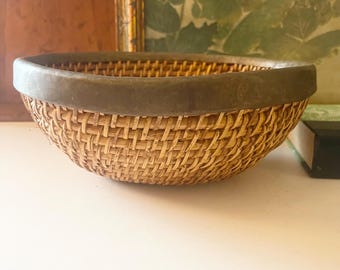 Vintage Brass and Rattan Basket. Boho Hand Woven Wicker Basket, Tropical Decor
