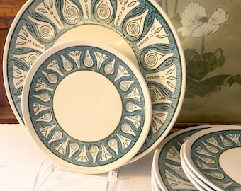 Vintage “Blue Moon” Ironstone Four Dinner and Salad Plates, Retro China, Taylor Smith & Taylor