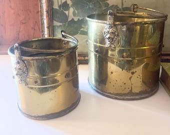 Vintage Pair of Brass Buckets, Brass Lion Head Motif Bucket With Handle, Rustic Planters , Farmhouse Decor