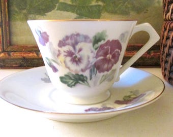 Vintage Noritake Pansy Teacup and Saucer, Floral Porcelain Teacup Set, Gift For Tea Lover