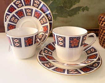 Vintage England Set, Ridgway Potteries, Queen Anne, Pair of Teacups, Saucer and Plates, Coral and Blue Imari Style China