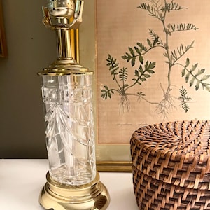 May include: A table lamp base featuring a clear, cylindrical glass body with vertical cut patterns. The lamp has a polished gold-tone metal base and a matching gold-tone metal socket assembly at the top, designed to hold a light bulb and shade.