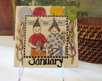 Vintage English H & R Johnson Hanging Tile, January, Folk Art Tile,  Artist Signed, Kids Decor