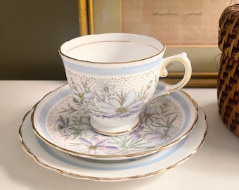 Vintage English Teacup Trio Set, Tuscan "Devon", Blue Lavender Floral