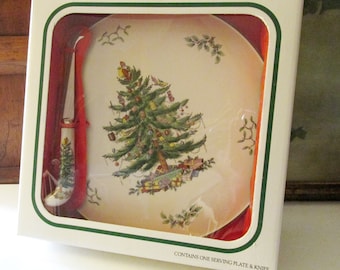 Vintage NOS Spode England Christmas Tree Cheese Plate and Knife Set, Made in England, Holiday Cheese Tray