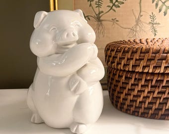 Vintage 1980 Fitz and Floyd White Piggy Bank, Blanc de Chine Pig with Wings