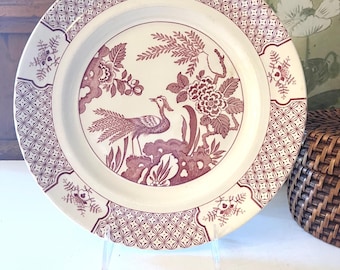 Vintage Woods and Sons England "Yuan" Peacock Dinner Plate, Cottage Core China, Red White Ironstone