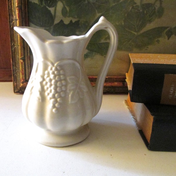 Vintage Red Cliff White Ironstone Creamer, Grape Pattern, Milk Pitcher, French Country Kitchen, Farmhouse Chic