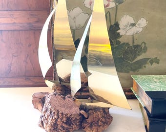 Vintage DeMott Signed Sailboat Figurine, Nautical Gift, Metal and Marble, Father's Day Gift, Brutalist Sailboat