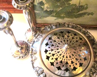 Crecsent Silver MFG Co. Vintage Silver Centerpiece Footed Bowl and Candlesticks, Art Nouveau Style, Flower Frog, Wedding, Grapes Design