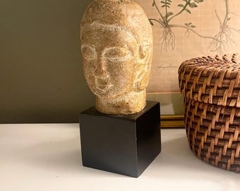 Vintage Stone Buddha Bust, Wildwood Accents Chinoiserie Decor, Hollywood Regency Bookcase Accent