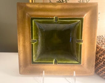 Vintage Freeman McFarlin Gilded MCM Ashtray, Large Gilded Gold and Green, Hollywood Regency, Coffee Table Decor