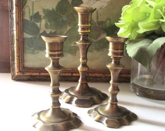 Set of Three Brass Candlesticks, Mantel Decor, Candleholders