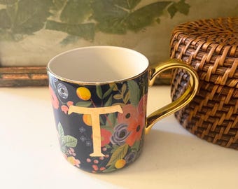 Vintage  Anthropologie Monogram "T" Mug, Rifle Paper Co Coffee Mug, Wild Garden Party Blue Floral, Gilded Handle, Birthday Gift