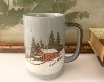 Vintage Otagiri Snowy Cabin Hand Painted Mug, Winter Cottage Hand Painted Mug