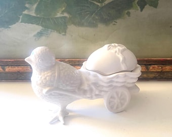 Vintage Dept 56 Baby Chick Pulling Easter Egg Cart, White Porcelain, Easter Trinket Box