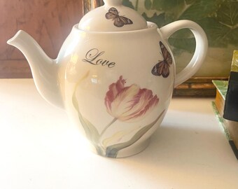 Vintage Tulips and Butterflies Teapot, Lily Creek, Love Teapot, Gift For Tea Lover, Martha Vaughan Collection