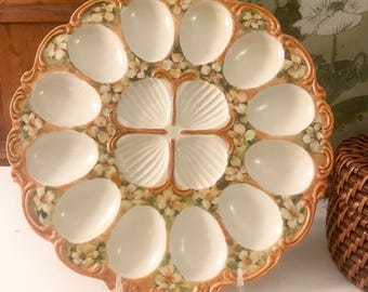 Vintage Hand Painted Floral Deviled Egg Porcelain Plate, Romantic Decorative Display, Coastal Grandmother, Victorian Decor