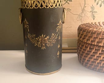 Black Toleware Vase, Neoclassical Style Vessel, Vintage Inspired